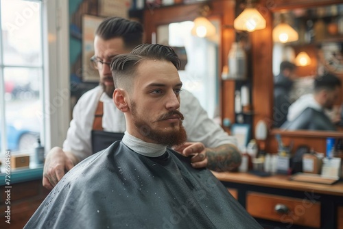 Amidst the buzz of clippers and the scent of hair products, a man sits in a cozy barber shop, his face transformed by the skilled hands of a hairdresser as he watches his reflection in the wall-mount
