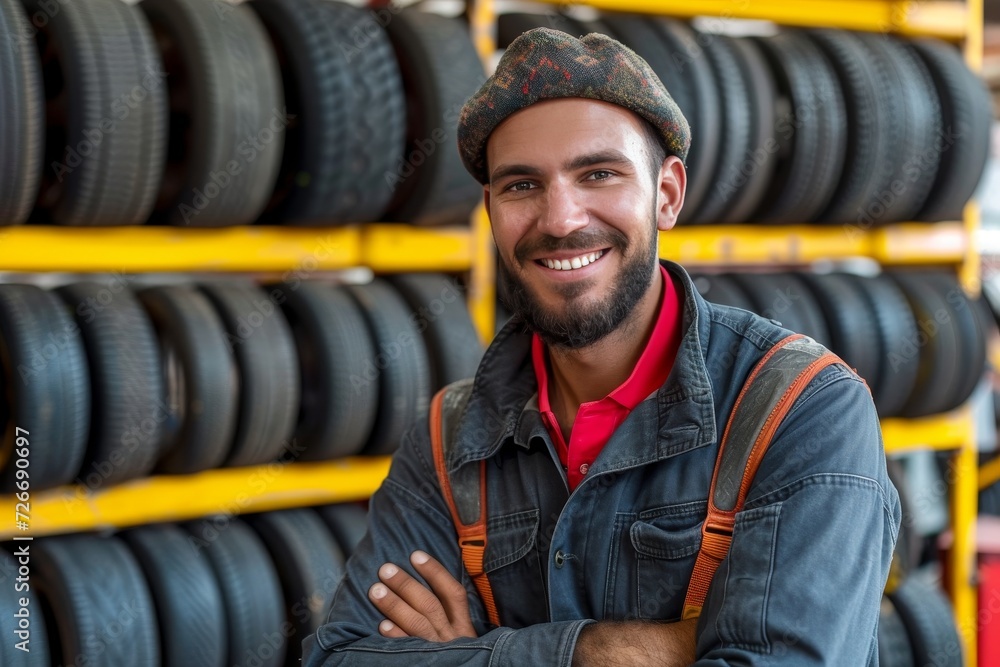 A confident man stands outdoors, his face adorned with a genuine smile, as he crosses his arms in front of a pile of tires, showcasing his strong sense of style and determination A confident man stands outdoors, his face adorned with a genuine smile, as he crosses his arms in front of a pile of tires, showcasing his strong sense of style and determination