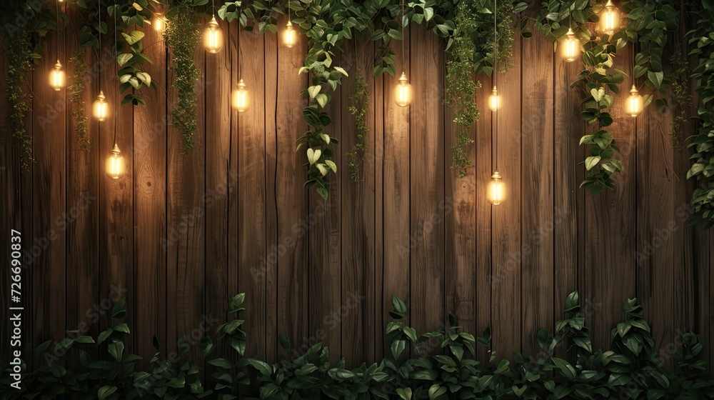 Fototapeta premium a wood wall adorned with warm bulb lights, creating a cozy and inviting atmosphere in a living space or cafe setting.