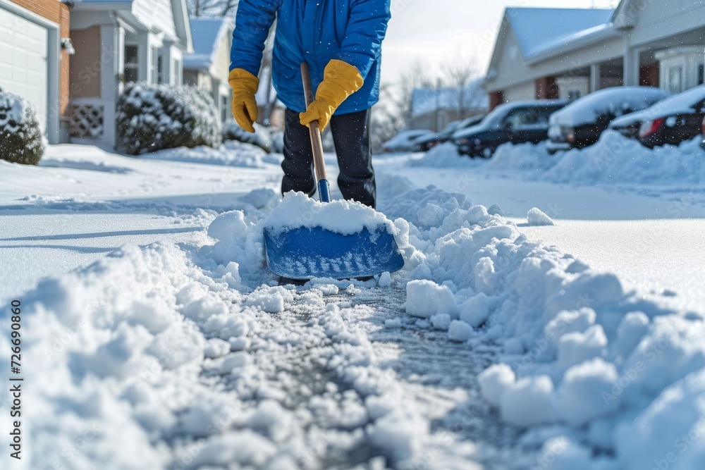 A determined figure battles the bitter winter freeze, braving the blizzard to clear the snow-covered streets with a trusty blue shovel A determined figure battles the bitter winter freeze, braving the blizzard to clear the snow-covered streets with a trusty blue shovel