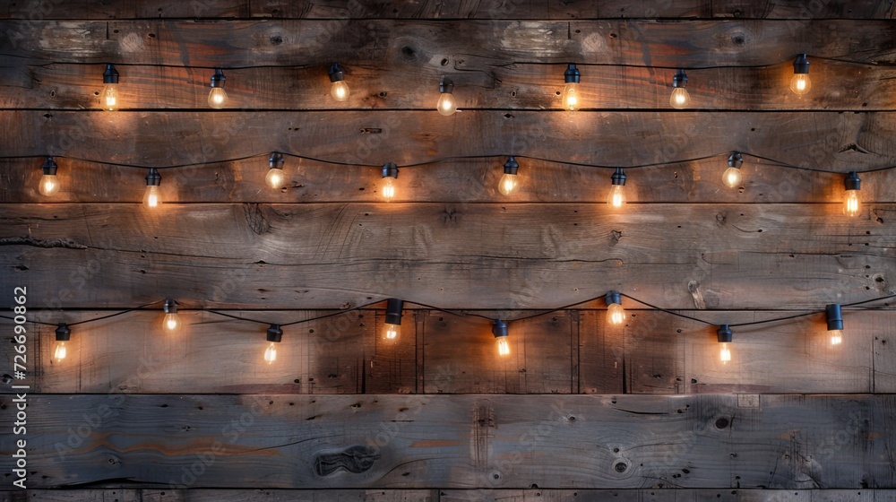 a wood wall adorned with warm bulb lights, creating a cozy and inviting atmosphere in a living space or cafe setting. a wood wall adorned with warm bulb lights, creating a cozy and inviting atmosphere in a living space or cafe setting.