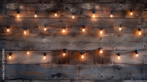 a wood wall adorned with warm bulb lights, creating a cozy and inviting atmosphere in a living space or cafe setting.