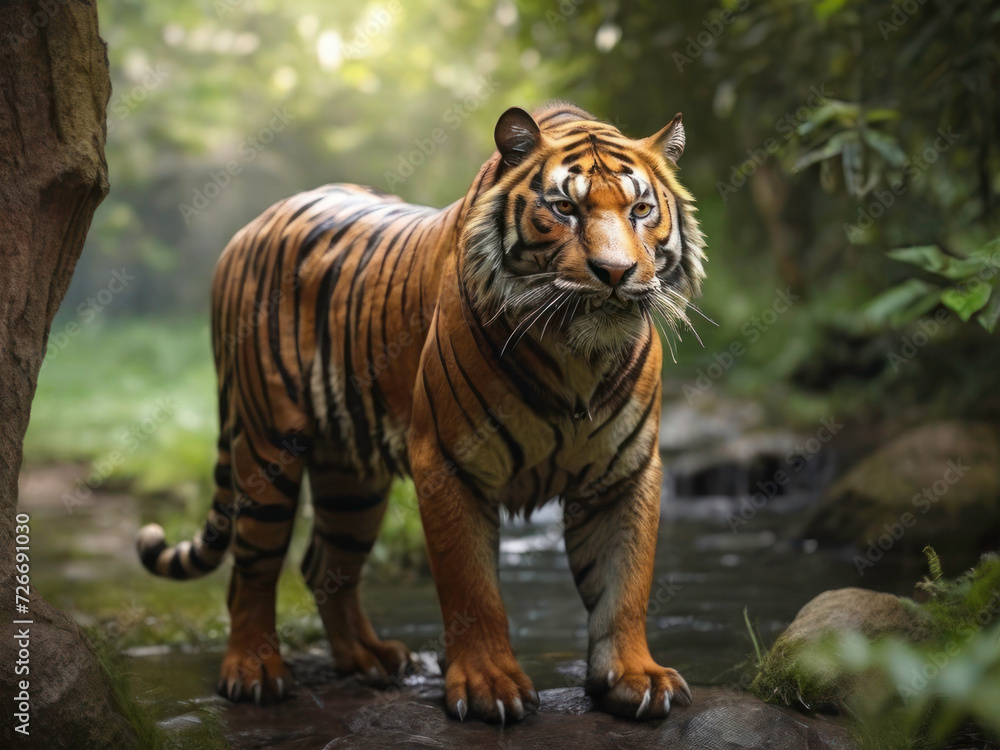 Obraz premium Regal Presence: A Majestic Tiger Standing Tall in the Enchanting Forest