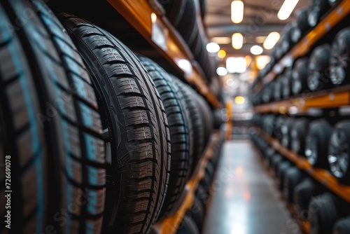 A display of tires, crafted from both synthetic and natural rubber, neatly lined on a shelf in an indoor setting, evoking a sense of parked automotive perfection photo