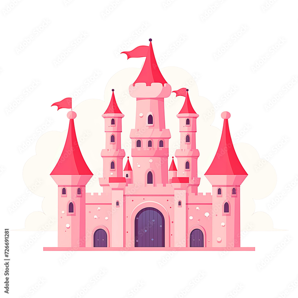 pink princess castle with white clouds on transparent background. cute flat minimalist cartoon.  PNG file. AI generated