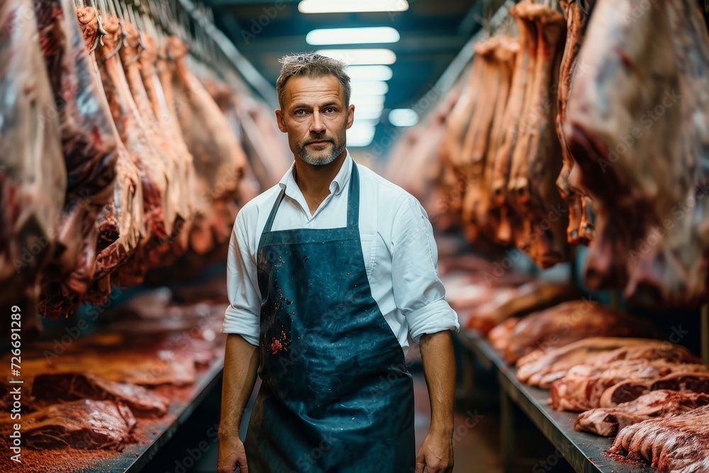 A solitary figure in a bloody slaughterhouse, surrounded by hanging meat and the pungent smell of curing animal flesh, carves away at the raw cuts while clad in stained clothing, embodying the brutal