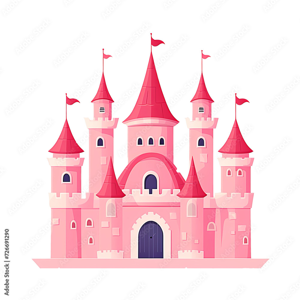 pink princess castle on transparent background. cute flat minimalist cartoon.  PNG file. AI generated