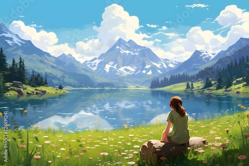 Digital anime style art painting of a man sitting with flowers in front of a beautiful lake