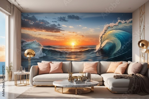 Ocean sunset cinematic trompe loeil metal print