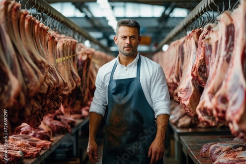 A man in butcher's clothing expertly carves meat in the indoor market, surrounded by the pungent smell of flesh and animal fat, a reminder of the slaughterhouse where it all began