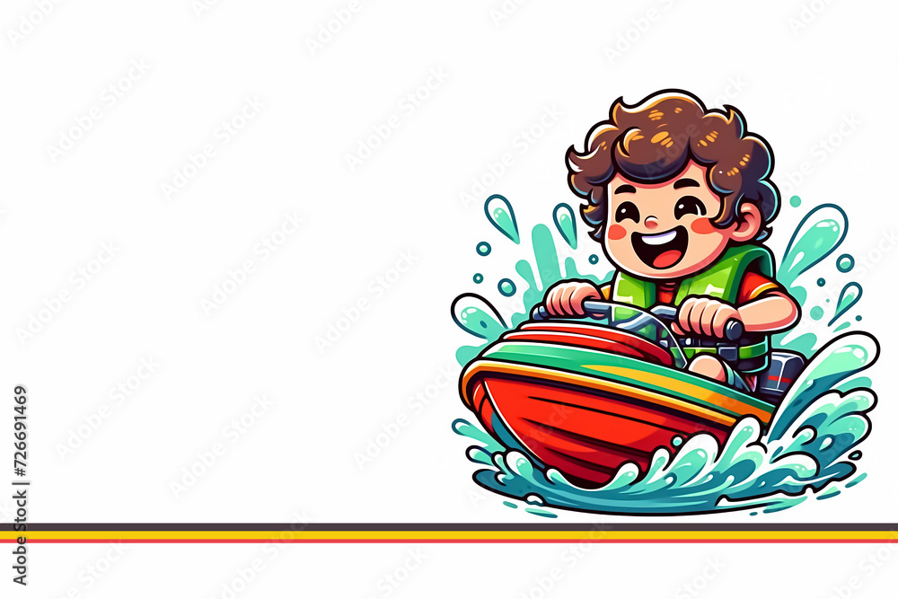 Cartoon Illustration: Kid Boy Enjoying a Motorboat Ride, Boy Having Fun on a Boat: Cartoon Clip Art, Water Adventure Poster with Boy on Motorboat,  Water Adventure on a Motorboat