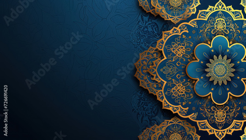 royal blue background with golden islamic ornamentation for rich cultural and religious graphics with copy space for text 