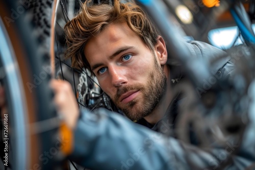 A rugged man with piercing blue eyes and a wild beard gazes into the distance while gripping a worn bicycle tire, capturing the essence of adventure and freedom in this outdoor portrait