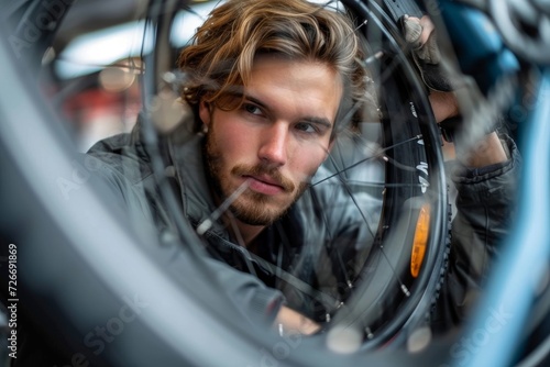 A rugged man gazes intently at a worn tire, his weathered face reflecting determination as he prepares to conquer the open road on his trusty bicycle
