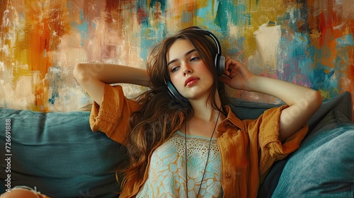 a young  beautiful woman wearing headphones  lost in the melody of her favorite music  amidst the contemporary ambiance of her modern living room at home.