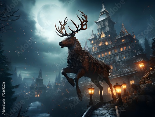 Fantasy scene with a deer in the middle of the night. © I