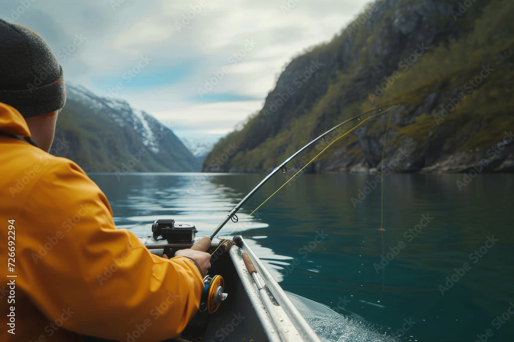 A solitary fisherman casts their line into the peaceful lake, surrounded by the beauty of nature and the thrill of recreational fishing on a tranquil mountain day