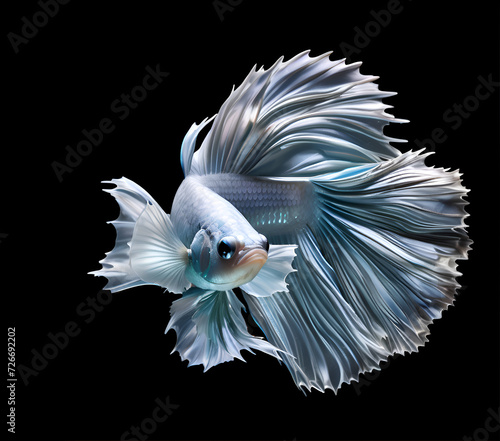 amazing bright white silver Betta fish male posing against black background. close up. studio shot. Ai generated © anakondasp