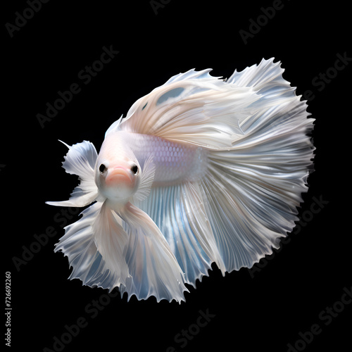 amazing bright white pearl Betta fish male posing against black background. close up. studio shot. Ai generated