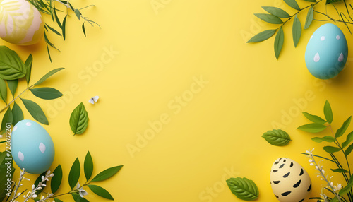 bright easter composition with colorful eggs and green foliage on a sunny yellow background