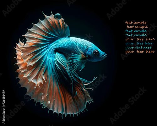 amazing bright azur color Betta fish male with long tail and fins posing against black background. close up. studio shot. Ai generated