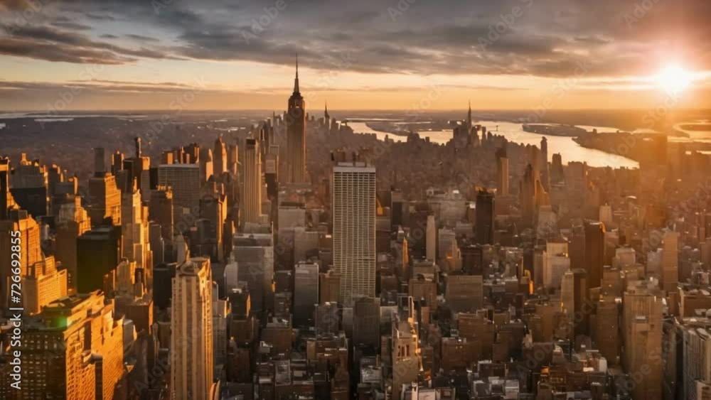Aerial View Sunrise At New York City And Sun flares 4K Midtown Sunrise