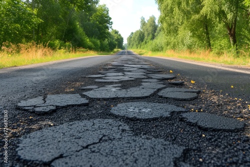 Amidst the natural landscape, a cracked road stands as a symbol of the imperfections and struggles we face in life, yet still leading towards a beautiful horizon