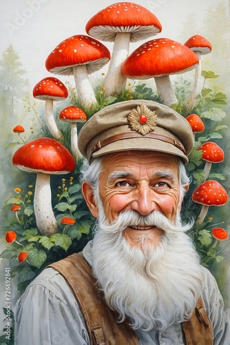 An old happy Slavic shaman grandpa dressed in a Slavic folk costume posing with a huge fly agaric muschrooms in front of him. Relax in the bosom of nature.Generative Ai illustration.	