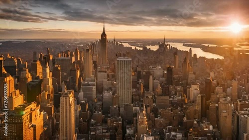 Aerial View Sunrise At New York City And Sun flares 4K Midtown Sunrise photo