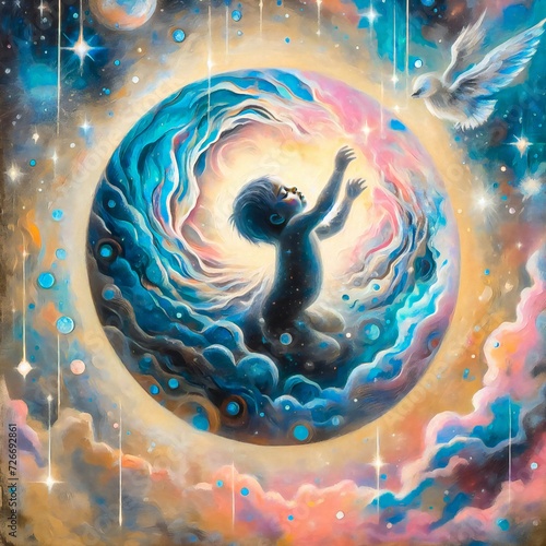 The birth of the crystal Children Starseed in the cosmic womb. Pastel illustration. AI generative.