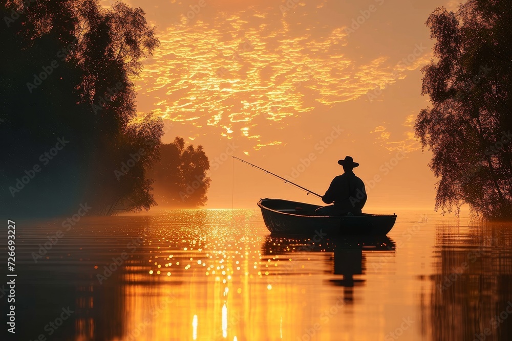As the sun sets over the peaceful lake, a solitary fisherman sits in his boat, his silhouette reflecting on the calm waters as he patiently waits for a bite