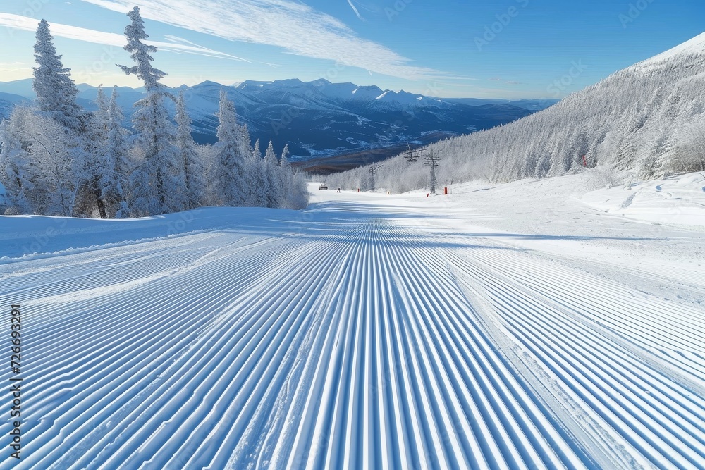 A breathtaking winter wonderland awaits, with a snow-covered slope nestled among towering trees and majestic mountains in the background, creating a picturesque glacial landscape perfect for skiing - obrazy, fototapety, plakaty 