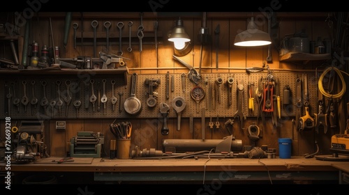 the old tools hanging on the wall, with a vintage garage style setting that evokes craftsmanship and history.