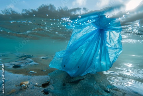Amidst the aqua hues of the sky and ocean, a solitary blue plastic bag drifts in the water, a stark reminder of our impact on the beautiful beach and turquoise seas