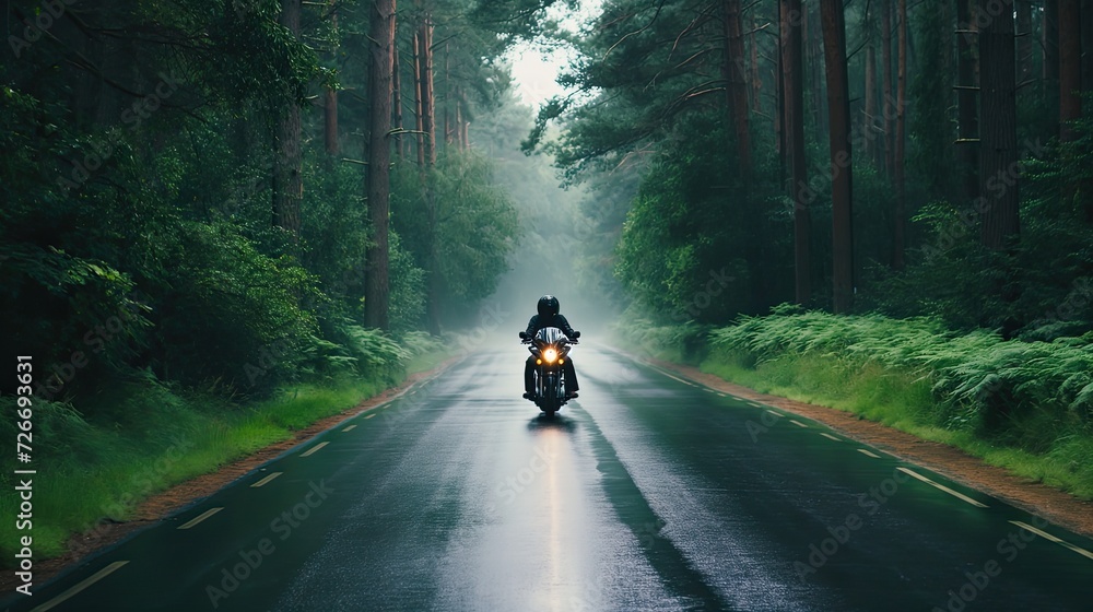 a motorbike driver navigating through the rain on a densely tree-lined road, the shimmering raindrops and lush foliage creating a captivating ambiance of nature's embrace and vehicular motion. a motorbike driver navigating through the rain on a densely tree-lined road, the shimmering raindrops and lush foliage creating a captivating ambiance of nature's embrace and vehicular motion.