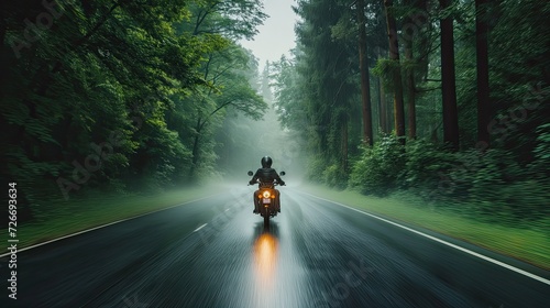 a motorbike driver navigating through the rain on a densely tree-lined road, the shimmering raindrops and lush foliage creating a captivating ambiance of nature's embrace and vehicular motion.