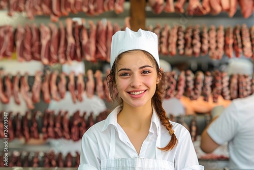 A stylish woman with a warm smile stands confidently in a butcher's shop, her fashionable clothing and accessories adding to the vibrant atmosphere of the indoor space as she eagerly selects her food