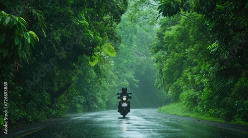 a motorbike driver navigating through the rain on a densely tree-lined road, the shimmering raindrops and lush foliage creating a captivating ambiance of nature's embrace and vehicular motion. photo