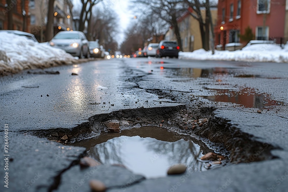 A winter street, dotted with potholes, reflects the trees and sky in its wet, snowy surface, hinting at the treacherous conditions for cars and pedestrians alike A winter street, dotted with potholes, reflects the trees and sky in its wet, snowy surface, hinting at the treacherous conditions for cars and pedestrians alike