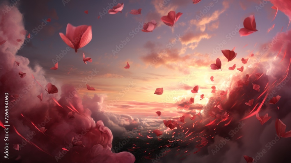 Flying rose petals