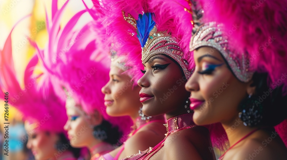 Group women profile portrait in samba or lambada costume with pink feathers plumage during the event, copy space, happy atmosphere, concept of carnivals, happiness and passion.