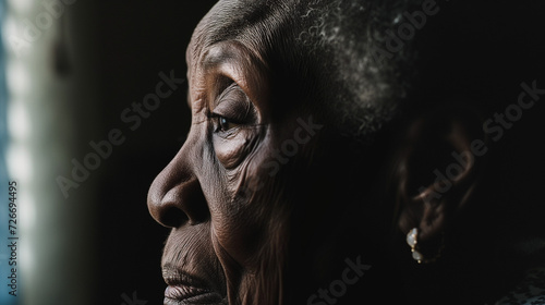 Close up side profile image of a black elderly woman suffering from loneliness of dementia alzheimers mental disorder, degenerative disease photo