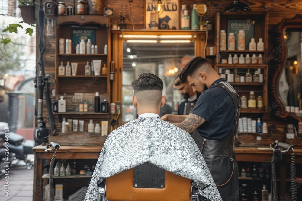 A man sits in a cozy barber shop, surrounded by stylish furniture and shelves filled with books, as he gets his haircut while the bustling street outside fades into the background A man sits in a cozy barber shop, surrounded by stylish furniture and shelves filled with books, as he gets his haircut while the bustling street outside fades into the background