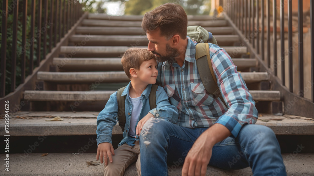 Father consoling his little son on his first day of school, sitting on stair and saying goodbye before school. Father consoling his little son on his first day of school, sitting on stair and saying goodbye before school.