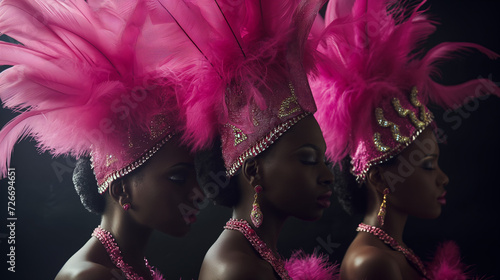Three Women profile portrait in samba or lambada costume with pink feathers plumage during the event, copy space.