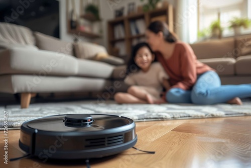 A busy mother takes a moment to relax as her trusty robot vacuum glides across the floor  surrounded by scattered books and toys