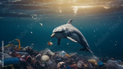 Concept pollution water with waste plastic and human. Blue dolphin floating among garbage in ocean.