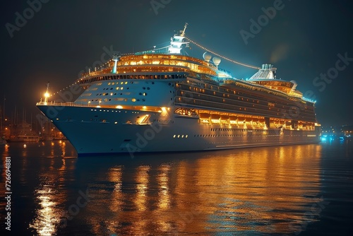 A majestic cruise ship glides through the tranquil waters at night, its grand structure and dazzling lights illuminating the dark sky, transporting passengers on a luxurious journey across the vast o