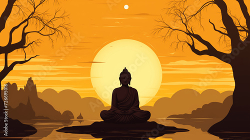 Serene Buddha silhouette against vibrant sunset  symbolizing peace and enlightenment