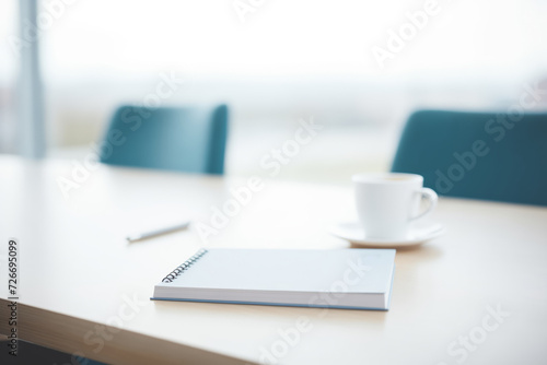 Open notebook with pen on polished boardroom table  empty office chairs behind blur background. Meeting for company banner concept.